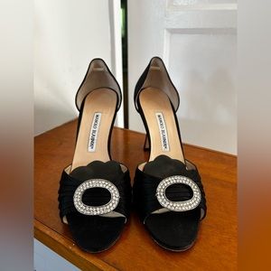 Manolo Blahnik peep toe satin pumps